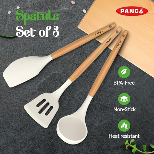 Image of PANCA Silicone Non Stick Spatula Set of 3 with Wooden Handle | Heat Resistant Cooking & Serving Spoon Set | Silicone Kitchen Tools for Cooking, Baking, Mixing (White)