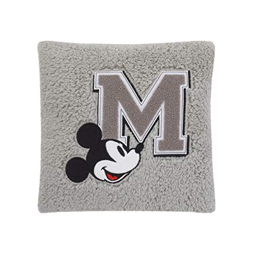 Disney Mouse Plush Decorative Sherpa Pillow with M Applique, Grey/Black/White/Red, Mickey