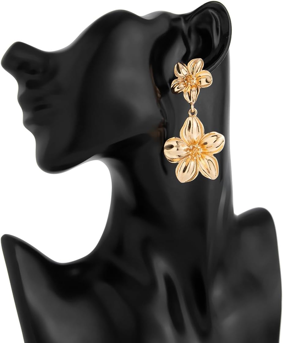 PLOUTOS Gold Tone Flower Statement Jewelry Set For Women, Layered Blossom Pendant Necklace With Matching Dangle Drop Earrings, Elegant Party Gift - Image 6