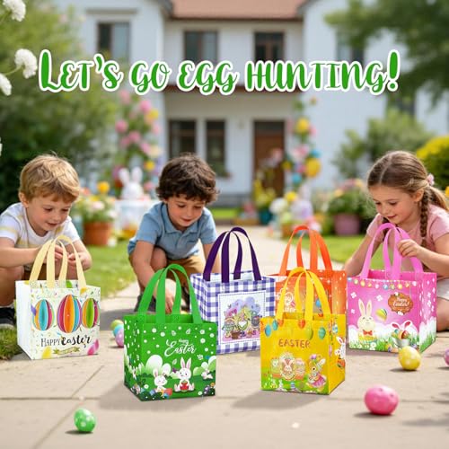 18 Stück Ostertüten Geschenktüten Kinder mit Griffen, Wiederverwendbare Geschenktüten Ostern Eiersuche, Non-Woven Ostertüten zum Befüllen Verpacken Partyzubehör (O)