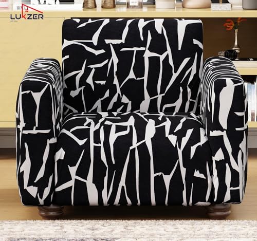 Image of Lukzer 1 Seater Black & White Design Universal Sofa Cover | 360 Fully Covered Anti-Slip Washable Couch Cover Protecter | 140 GSM Stretch Fit Polyester + Spandex Slipcover (90-140cm /SC-026-01)