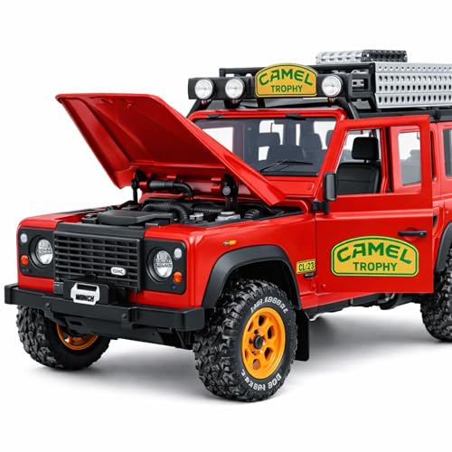 Image of Land Rover Defender 110 1:24 Scale Die-Cast Car Model - Camel Trophy Expedition Livery Sound Light Openable Hood Roof Rack Pull-Back Alloy Off-Road SUV