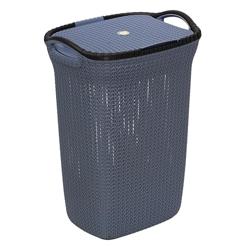 Image of Plastic Laundry Basket with Lid | 60L Extra Large Knit Hamper | Strong & Durable | Ideal for Bathroom, Bedroom & Kids Room | Multipurpose Cloth Storage Organiser | 36 x 46 x 61 cm | Mist Blue