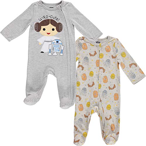 STAR WARS Princess Leah and R2-D2 Baby Girls 2 Pack Sleep N' Play Footies 6-9 Months Grey/White
