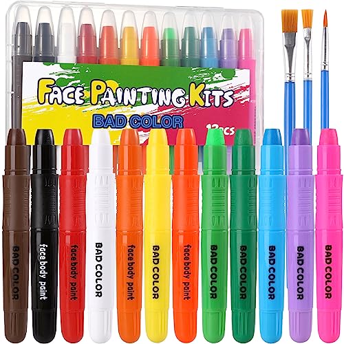 Badcolor Face Painting Kits For Kids, 12 Colors Twistable Face Paint Sticks, 3 Type Brushes, Professional Water Based Washable Face Paint Crayons Kit For Halloween Cosplay Makeup Body Paints For Children Adults #TOP8