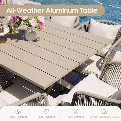 Image of PURPLE LEAF 14 Pieces Patio Dining Set Wicker Outdoor Furniture Oversize Rectangular Table and Chairs Set for Garden Deck Aluminum Frame Backyard Kitchen Set, Cushions and Pillows Included Champagne