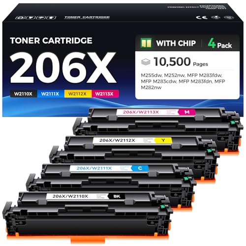 206X Toner Cartridge Set 4-Pack Printer High Yield Replacement for HP 206X W2110X W2111X W2112X W2113X Compatible for HP Color Laserjet Pro MFP M283cdw M283fdn M283fdw M282nw M255dw M255nw Ink Black