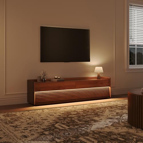Image of POVISON Fully-Assembled Mid Century Modern TV Stand, 70.87 inch Wood Media Console with Adjustable LED Light, Entertainment Center with Storage for Living Room