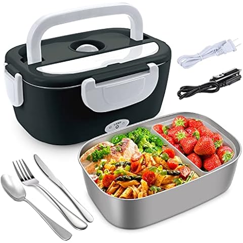 AsFrost Electric Lunch Box Food Heater, LeakProof 12V 24V 110V Portable Food Warmer Heated Lunch Box for Adults Car Truck Work Home, 0.45L Compartments, 1.5L 304 Stainless Steel Container- Black Cover
