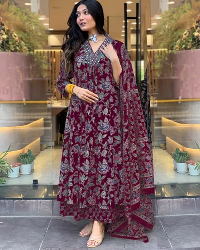 Image of GoSriKi Women's Rayon Viscose Anarkali Printed Kurta with Palazzo & Dupatta