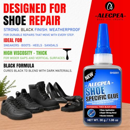 Image of ALECPEA Black Shoe Glue for Sole Repair, Thick Adhesive, 30g with 3 Tips | Gap-Filling Flexible Waterproof Black Shoe Repair Glue For Sneakers, Boots, Leather, Rubber, EVA, Mesh, PU And PVC
