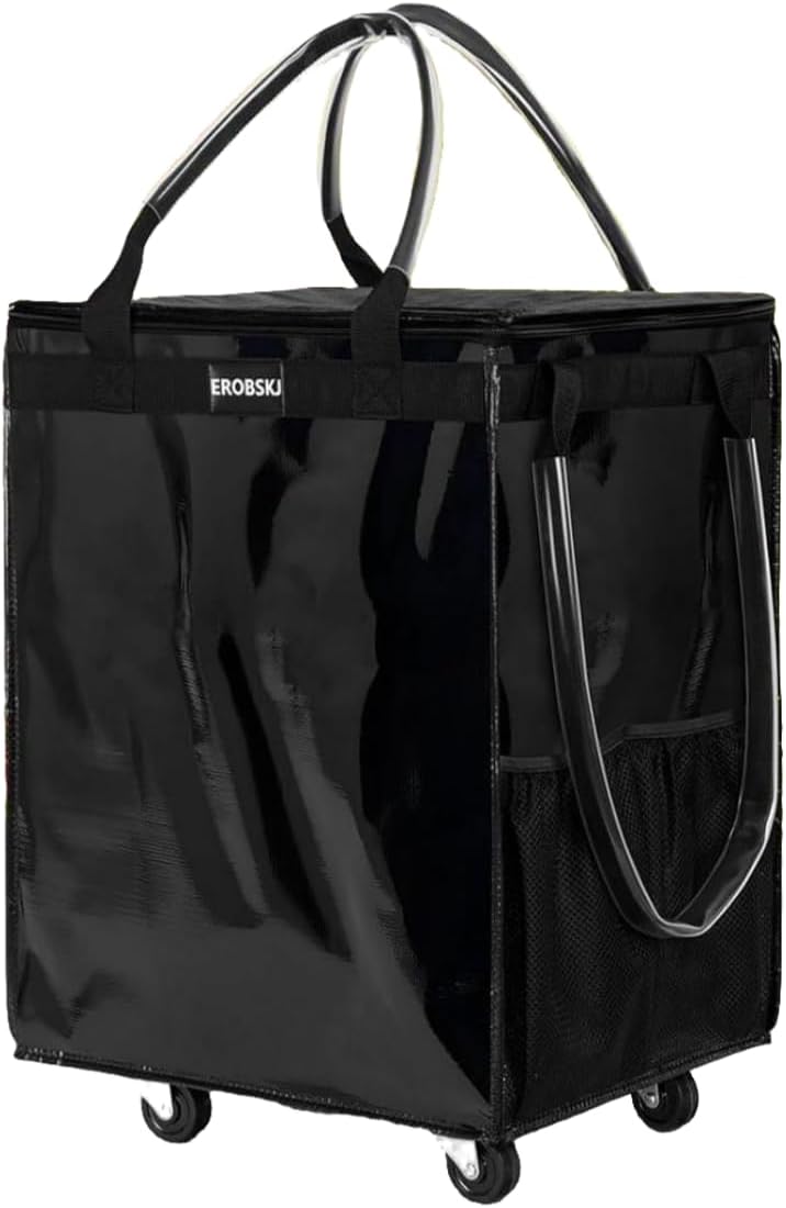 (Medium,Black) Reusable Grocery Bag on Wheels, 70L Foldable Rolling Tote, Carries Up to 66 lbs Shopping Trolley, Zipper Clouser Shopping Carts for Trips, Laundry, 4 Heavy Duty Wheels and 3 Handles