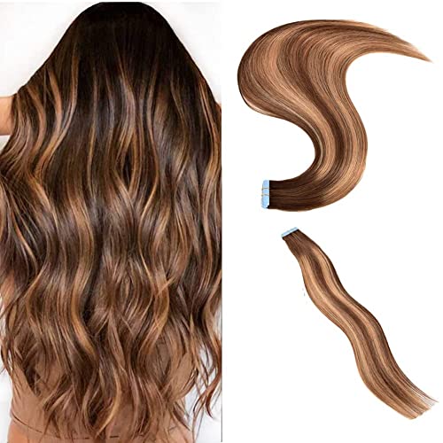 ABCBAOBAO 20 Inch Tape in Hair Extensions Human Hair 20pcs 50g Chocolate Brown mixed caramel blonde Ombre Color Silky Straight Remy Tape Glue in Hair Extensions with 12 Pieces Replacement Tape #4/27/4