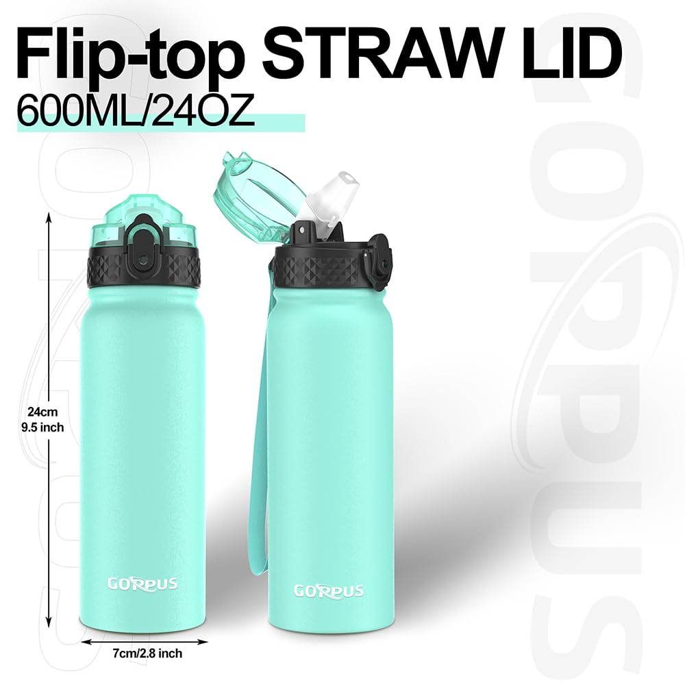 GOPPUS 600ml/20oz Stainless Water Bottle with Straw Double Wall Insulated Bottles with Strap One Hand Open Vacuum Thermal Flask Leakproof Keep Cold Bottles with Flip Top Lid BPA Free (Mint Green) - Image 4