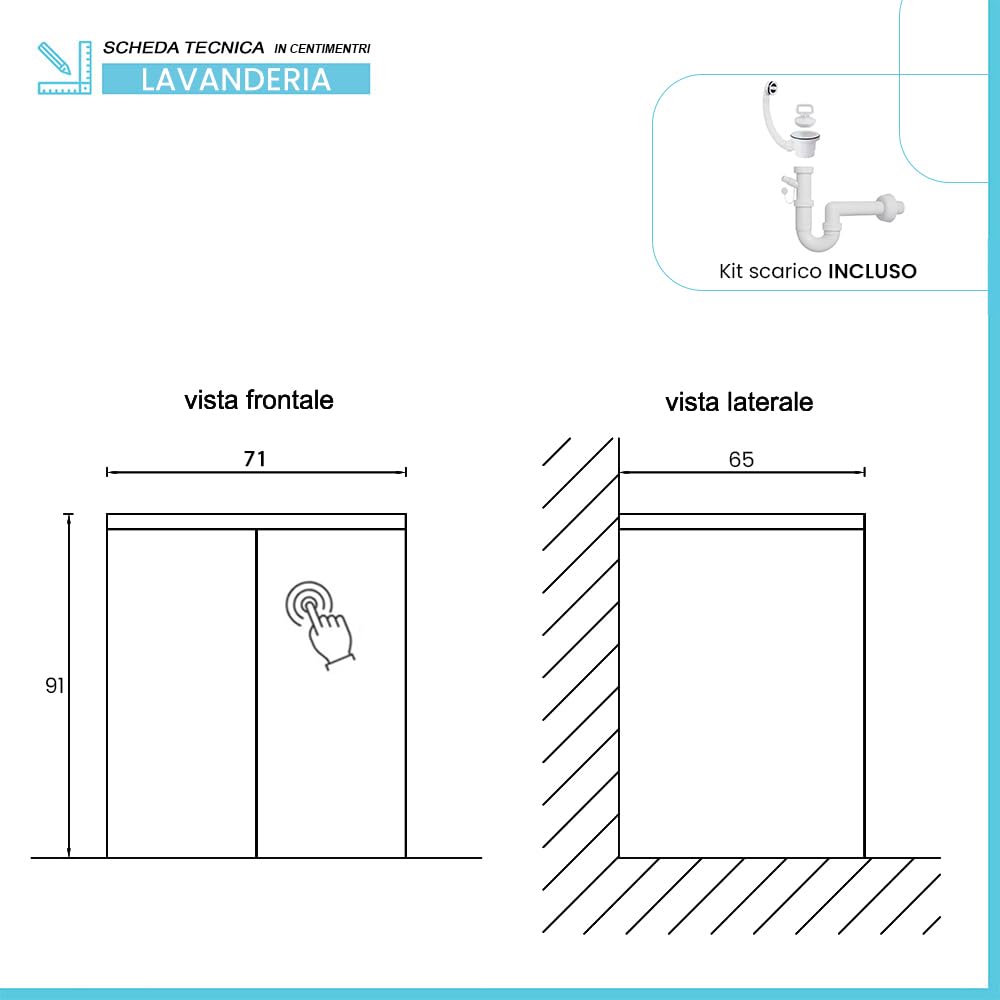 Mobile lavatoio 71x65 cm bianco e legno con vasca in resina e ripiano interno, in kit di montaggio con sifone e piletta di scarico incluso, WANDA