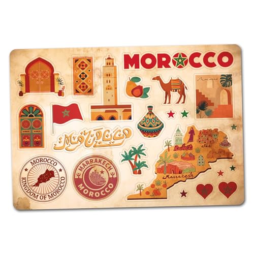 Feuille d'autocollants A5 en vinyle Maroc - Monuments marocains rétro vintage aéroport ville drapeau horizon voyage vacances pays esthétique #82838