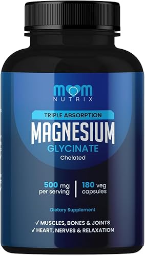 Glicinato de magnesio - 500 mg de magnesio quelatado de triple absorción - corazón, huesos y articulaciones - Calma y Relajación - 180 cápsulas