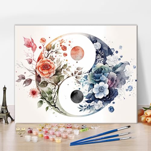 Rebotipy DIY Paint by Number for Adults Abstract Floral Ying Yang Symbol Paint by Numbers for Beginner, Watercolor Meditation Oil Painting for Home Wall Decor Modern Art 16X20 Inch