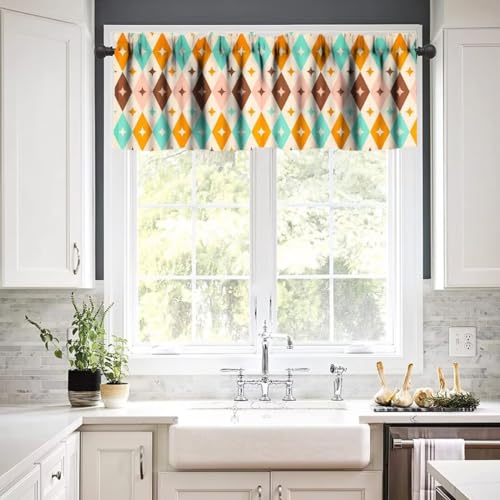Image of Mid Century Modern Window Valance Curtain, Vintage Retro Stars Abstract Boomerang Pattern Window Valances Treatments for Kitchen Living Room Cafe Decor 54'x18', 1 Panel
