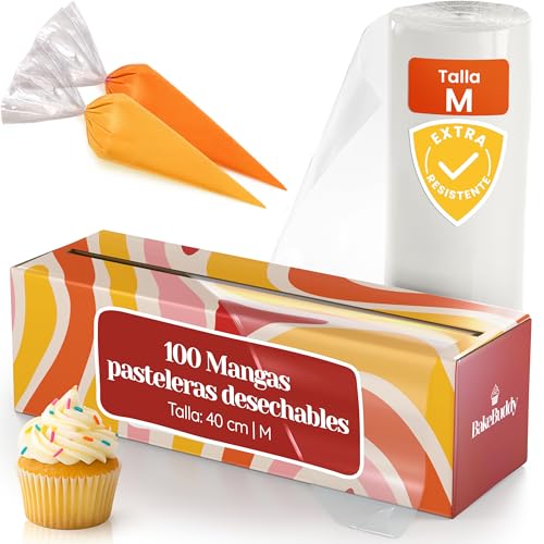 BakeBuddy Mangas Pasteleras Desechables Profesionales (100 Unidades, M/40 cm)   Mangas Pasteleras Extra Resistentes Fabricadas con Material LDPE Reciclado para Decorar Tartas y Hornear Churros