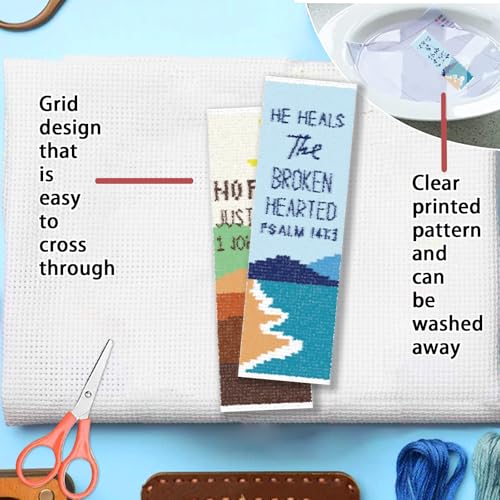 Image of FREEBLOSS 11CT 6 Set Cross Stitch Bookmark Kit Landscape Stamped Embroidery Bookmark Kit with Instructions 6 Back Felt Bookmarks Making Set for Adults Book Lovers, 8 inchx2.4 inch