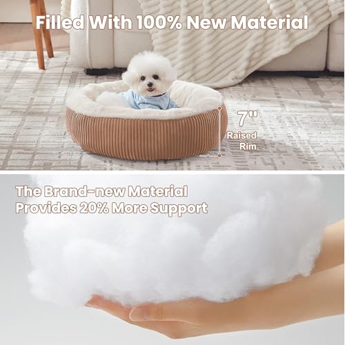 Image of 23 inches Donut Dog Bed for Small Dogs - Calming Round Puppy Bed with Removable &Washable Cover, Plush Faux Fur & Corduroy Pet Bed for Cats, Fits Pets up to 15 lbs(Brown,Small)