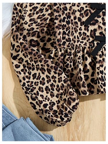 MakeMeChic Girl's Leopard Print Bow Blouse Crew Neck Ruffle Hem Long Sleeve Shirt Top3