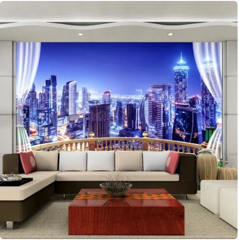 Papier peint photo 3D pour salon avec vue sur la ville de nuit
