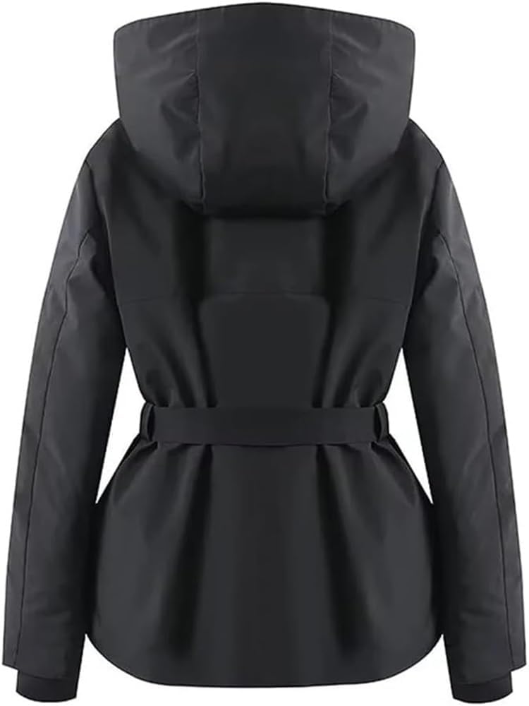 Women's Hooded Jacket Single Breasted Solid Color Cinched Waist Skiing Winter Warm Coat Stylish Outdoor