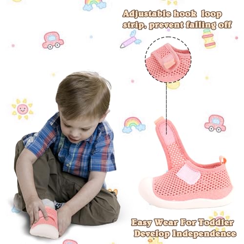 Charrost Toddler Boys&Girls 12-18 Months Walking Shoes Pink Barefoot Breathable Mesh Baby Slip on Soft Rubber Sneakers Hook and Loop Flexible Size 7 indooer Outdoor Running Summer Beach Sandals - Thumbnail 3