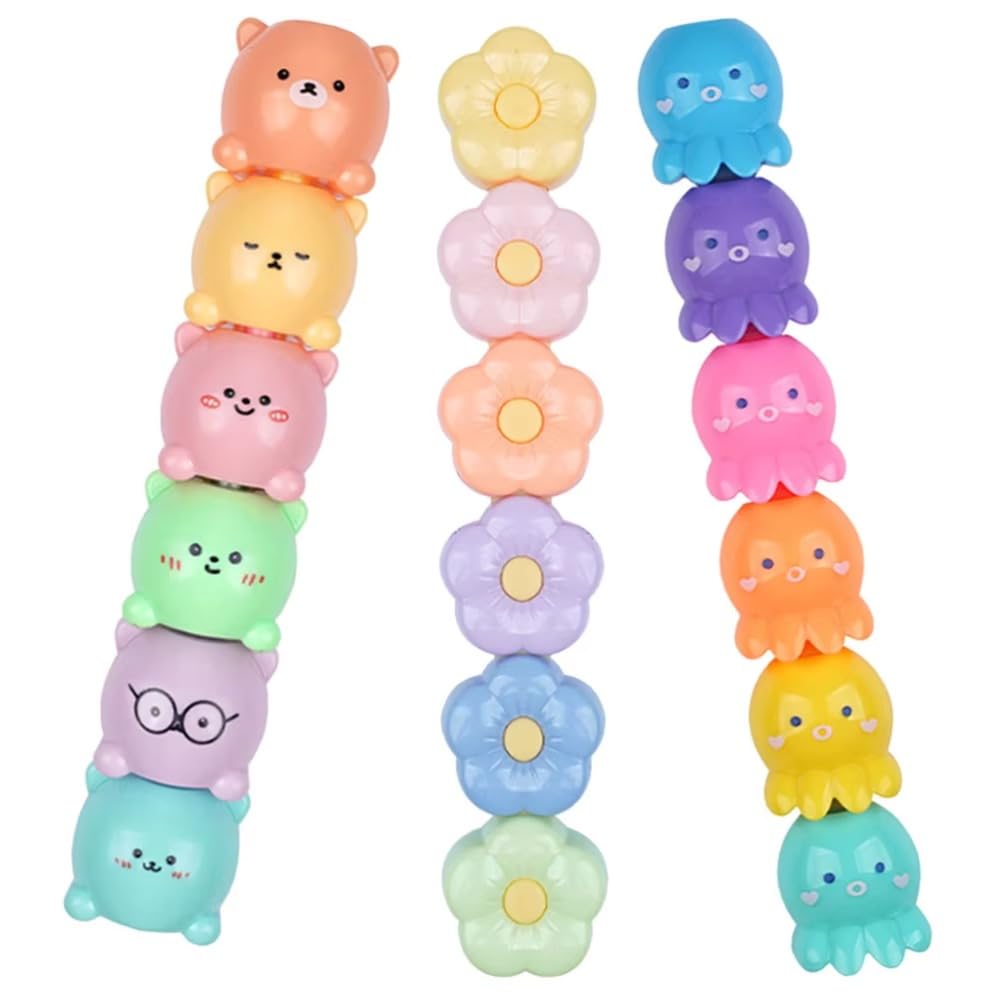 3 Sets Cartoon-Textmarker, Oktopus, Blume, Bär, stapelbar, Marker, Stifte, 5 Farben, Keilspitze, Textmarker, Lesezeichen