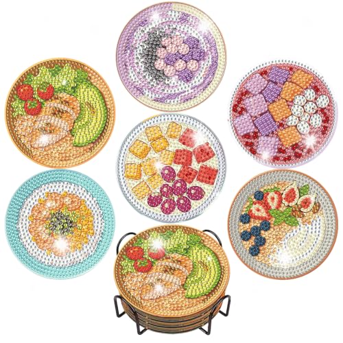 EWJRNSF 6 PCS Food Diamond Painting Coasters Kit with Holder for Adults