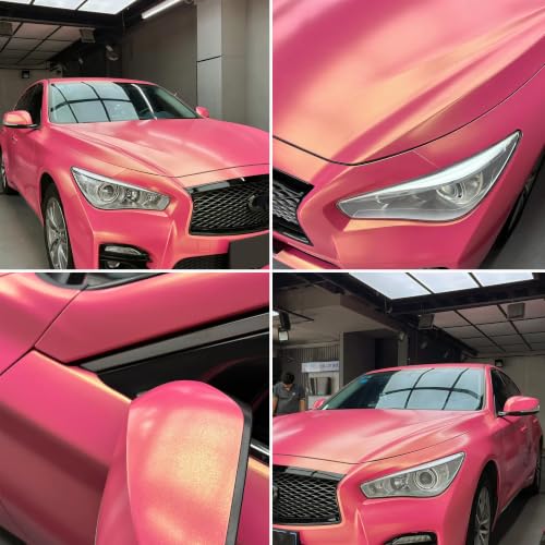 Image of Bright Pink to Charming Diamond Gold Metallic Chameleon Vinyl Wrap Pearlescent Pink Color Change DIY Vehicle Vinyl Film, 59.84 inch x 11.81 inch