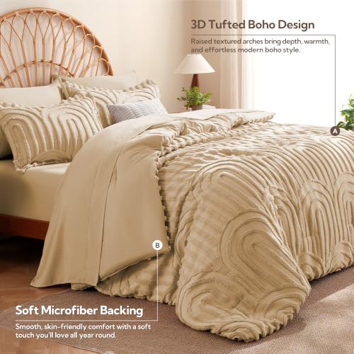 Image of MR&HM Queen Comforter Set Boho 7pcs, Khaki Weatern Arch Tufted Bedding Set