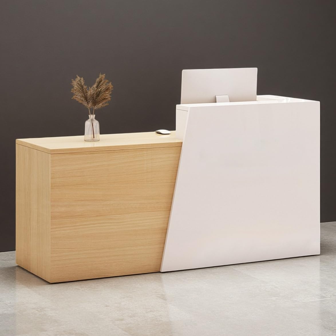 Descrito De Recepción Con Casilleros De Almacenamiento, 80-200CM Mesa De Recepción, Mostrador De Pago Moderno Para Salón, Oficinas, Hotel, Tiendas Minoristas Tabla White+wood-left corner 160×42×100cm