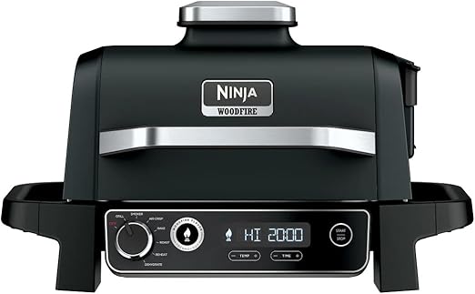 Ninja OG705CO 7-in-1 Outdoor Electric Grill & Smoker - Grill, BBQ, Air Fry, Roast & Dehydrate - Uses Woodfire Pellets - Portable & Weather Resistant, Black