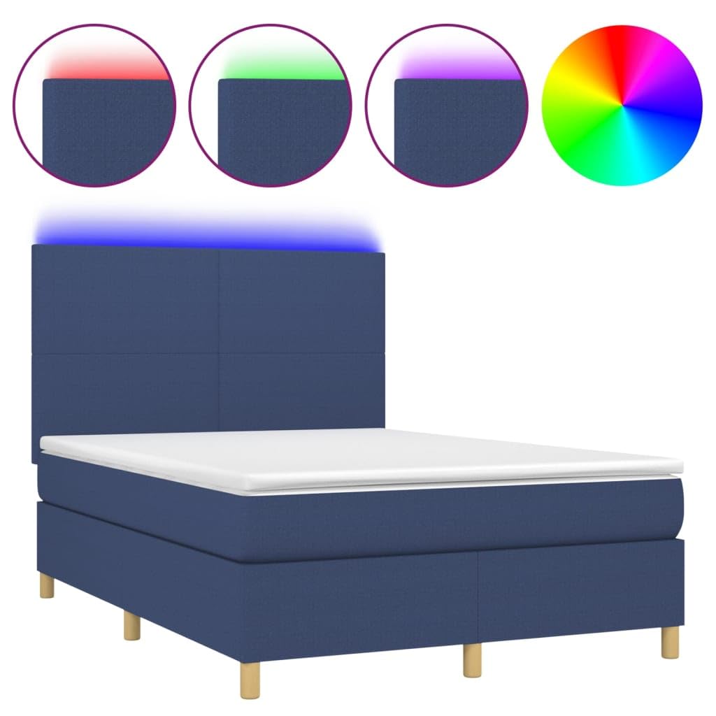 Cama con somier con colchón LED azul, 140 x 190 cm, estructura de poliéster transpirable, protección contra el ruido, cabecero regulable en altura para jóvenes invitados dormitorio
