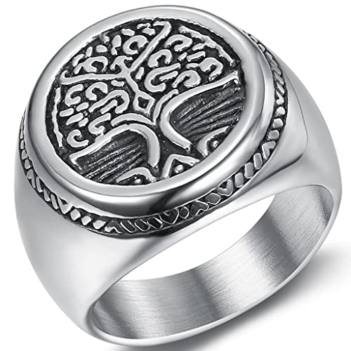 Stainless Steel Vintage Retro Antique Round Signet Tree of Life Pattern Wedding Statement Biker Ring (Silver, 16)