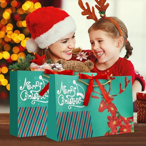 Image of JMANNI Christmas Gift Bags,1PCS Large christmas Gift Bag with Ribbon and 1 Greeting Card 2 Tissue Papers, Portable Paper Gift Bag with Handles, Reusable and Perfect For Your Xmas Presents （Green）