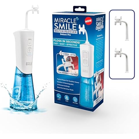 Ontel Miracle Smile Water Flosser for Teeth&Gum Health, Unique H-Shaped Flossing Head&4 Water Jets, Cordless Water Flosser Features 360° Cleaning&3 Pressure Modes, USB Rechargeable Dental Floss, White Cover