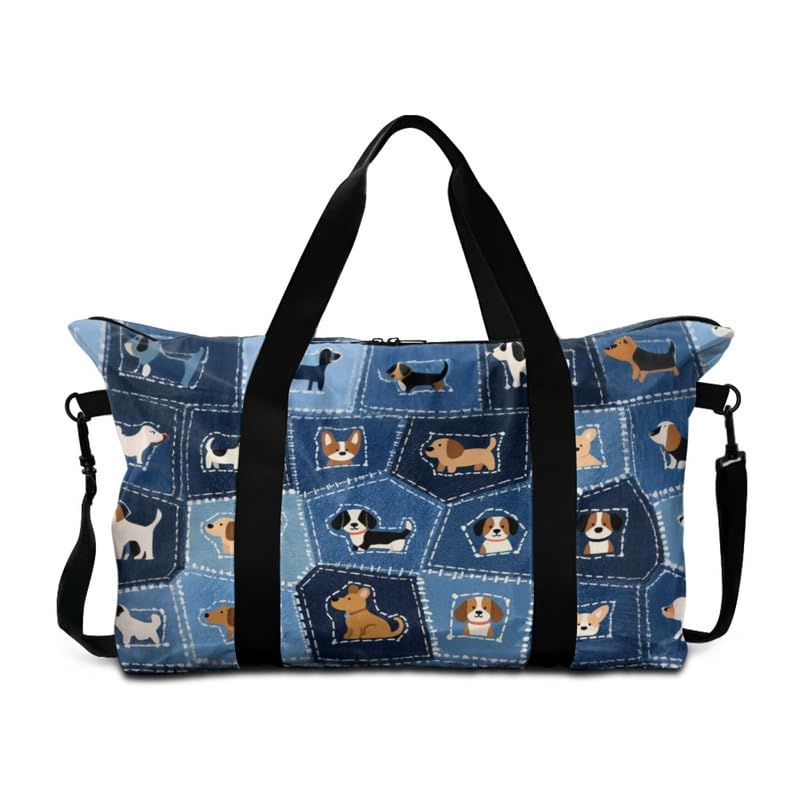 Denim Patchwork Art Foldable Travel Duffel Tote Bag, Cartoon Puppy Dogs Weekender Bag Carry On Tote Bags for Women, Large 30L