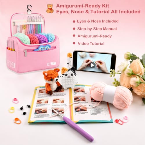 Image of Yarniss Complete Crochet Kit for Beginner Adults, All in One Crochet Kit with 1120 Yards Yarn, 12 Ergonomic Crochet Hooks, Step by Step Video Tutorial, Pink