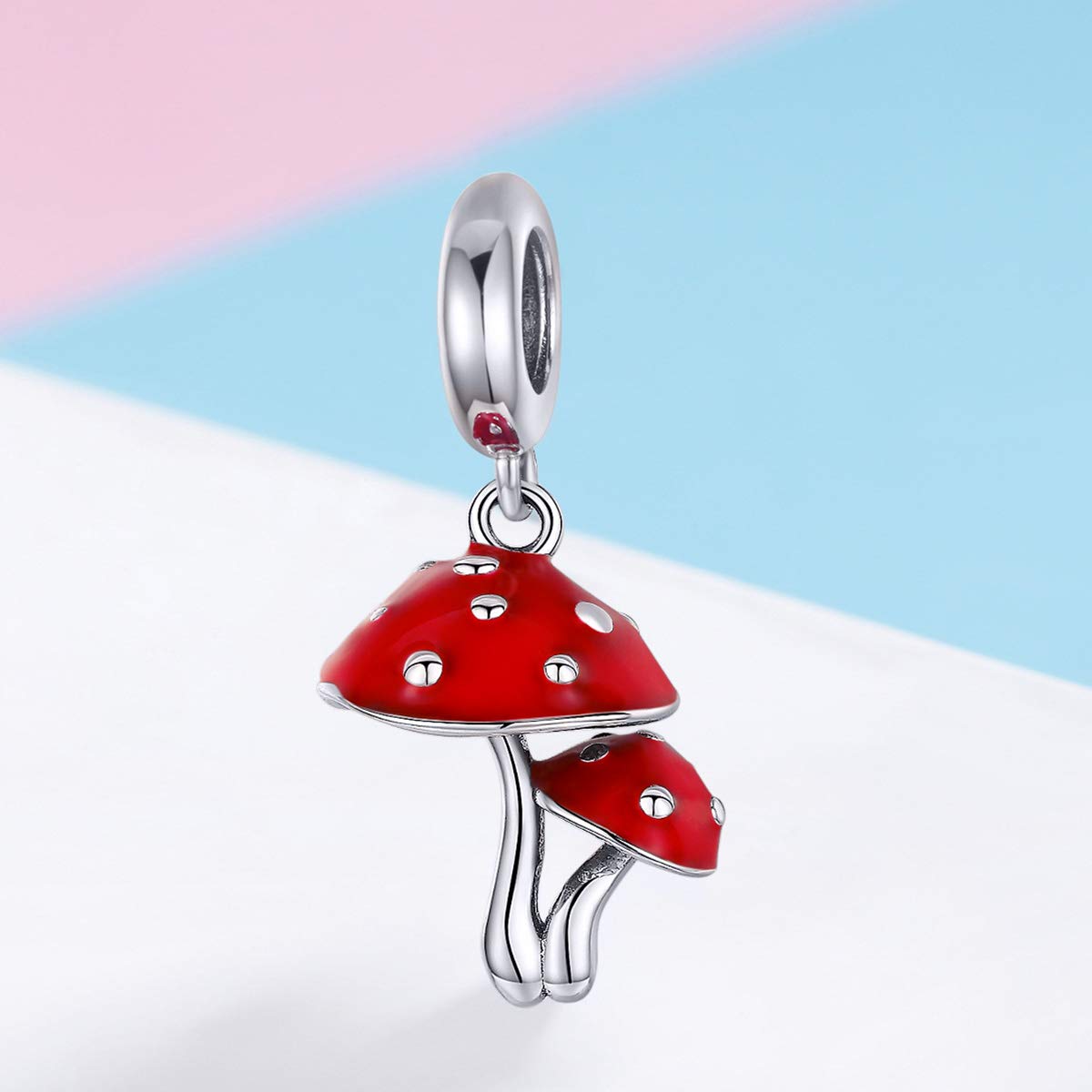 NewL Pendentif en argent sterling 925 émaillé rouge champignon pour bracelets et colliers, Argent sterling Métal Argent
