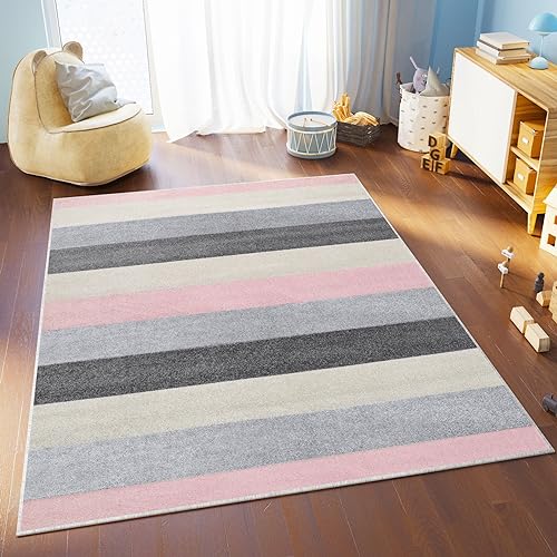 TAPISO Lazur Alfombra de Pelo Corto Resistente Diseño Moderno Crema Rosa Tonos de Gris Alfombra de Dormitorio Habitación Infantil Juvenil Salón Oeko-Tex 200 x 290 cm