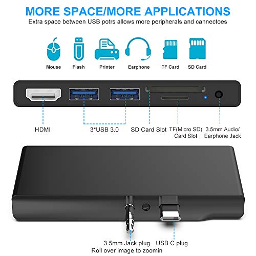 Microsoft Surface Go Dock para Surface Go/Go 2, estación de acoplamiento 6 en 2 Hub con HDMI 4K, 2 puertos USB 3.0, ranura para lector de tarjetas SD/TF e interfaz de audio para Surface Go/Go 2