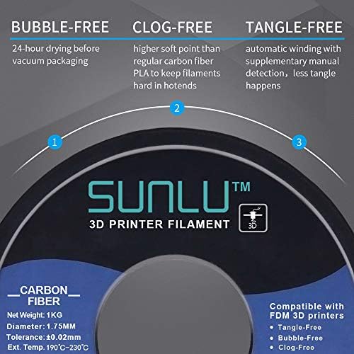 SUNLU Carbon Fiber PLA Filament 1kg 1.75mm 3D Printer Filament, Dimensional Accuracy +/- 0.02 mm, 1kg Spool, 1.75 mm, Carbon Fiber Black