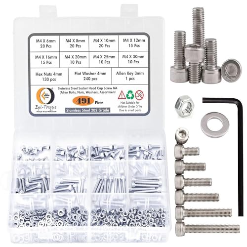 Image of Metric M4 Stainless Alloy Steel 202 Grade Socket Head Cap Screws Nuts Allen Bolt Washer with Allen Keys Assortment Kit Set with Storage Box Pack of 491 Pcs