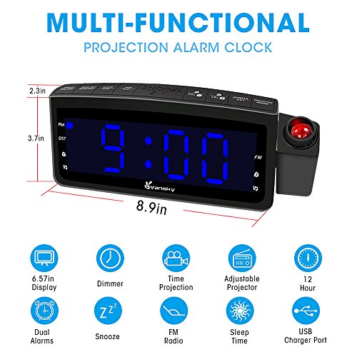 Vansky PAC02 USB Charger, Digital Projection Clock for Bedrooms, FM
