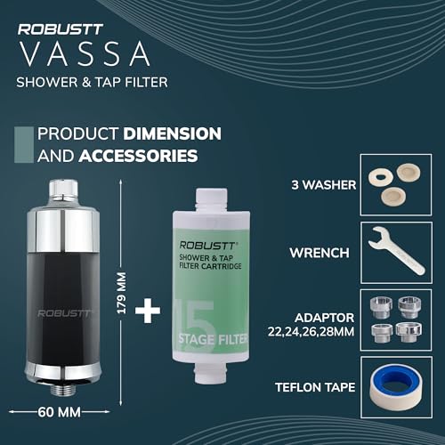 Image of Robustt Vassa 15 Stage Shower /Tap Filter & Water Softener for Home (Black) | Reduces Hair Fall, Skin Dryness & Limescale| Hard Water Filter For Tap, Shower, Handshower| Includes Kit & Manual