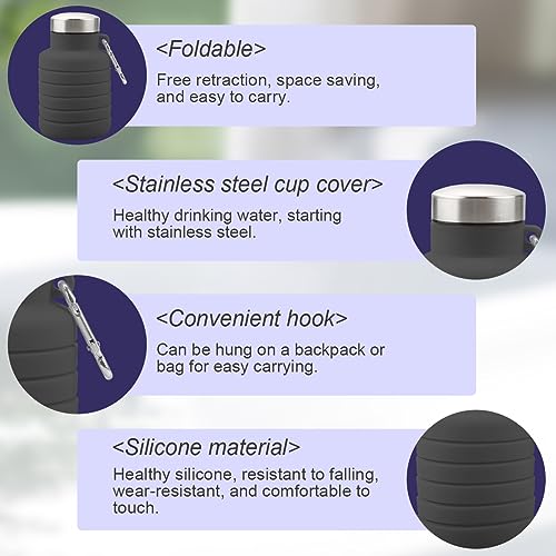 GLADFRESIT Collapsible Travel Water Bottle, 500ml Silicone Foldable Water Bottle with Carabiner - Image 3